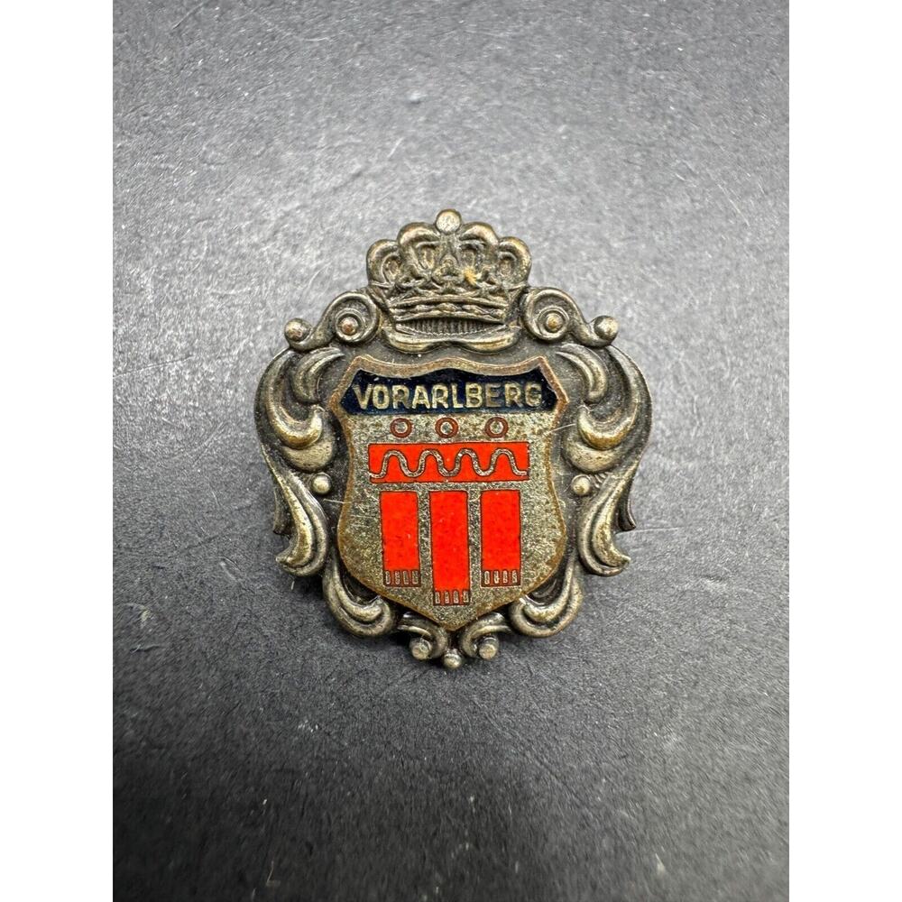 Vintage Silver Tone & Enamel Vorarlberg Austria Shield Filigree Brooch Pin